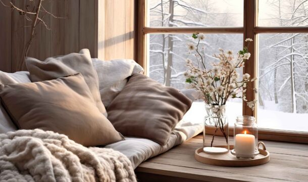 Cozy Winter Home Interior With Knitted Blankets Pillows Holiday Country House Wood Warm Fire Web