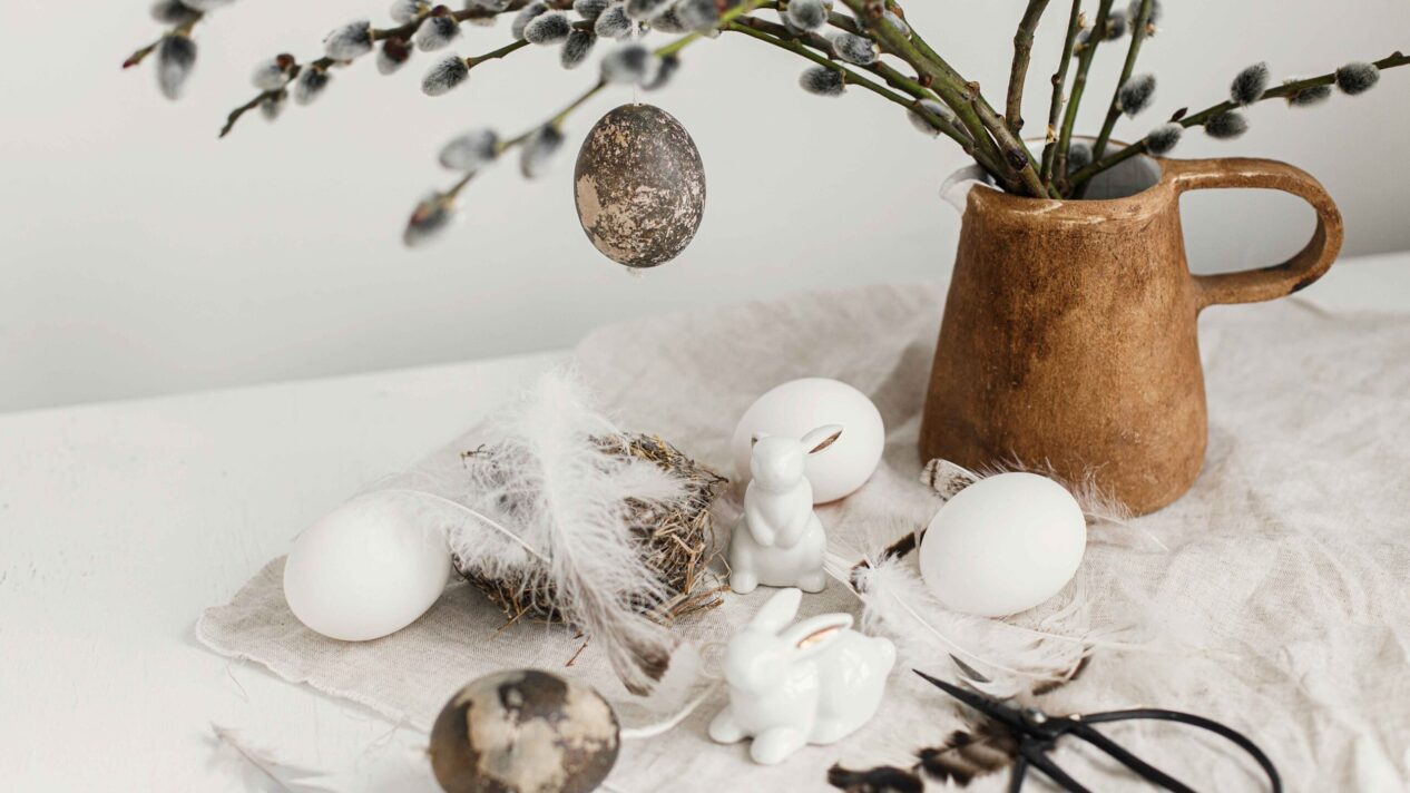 Easter Rustic Still Life Natural Eggs Bunny Figurines Feathers Nest Willow Branches Vase Web