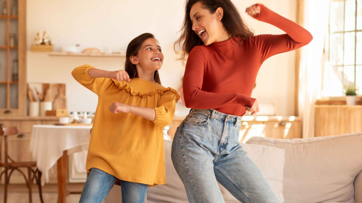 Mom Daughter Dancing Together Standing Modern Home Web