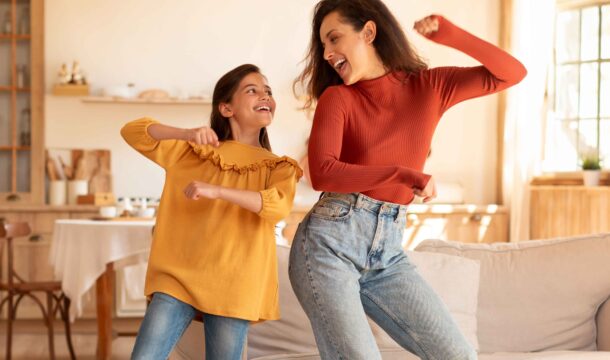 Mom Daughter Dancing Together Standing Modern Home Web