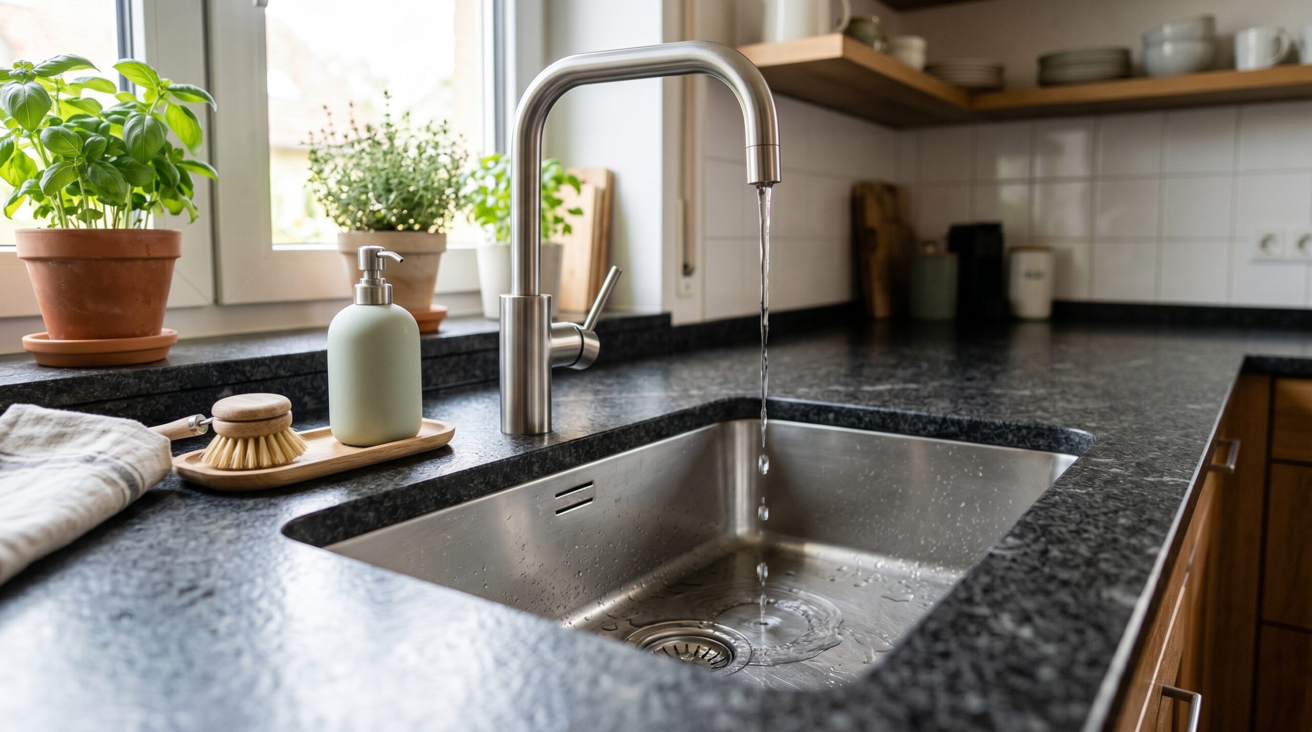 Detailaufnahme einer perfekt montierten Küchenarbeitsplatte aus Naturstein mit Spüle