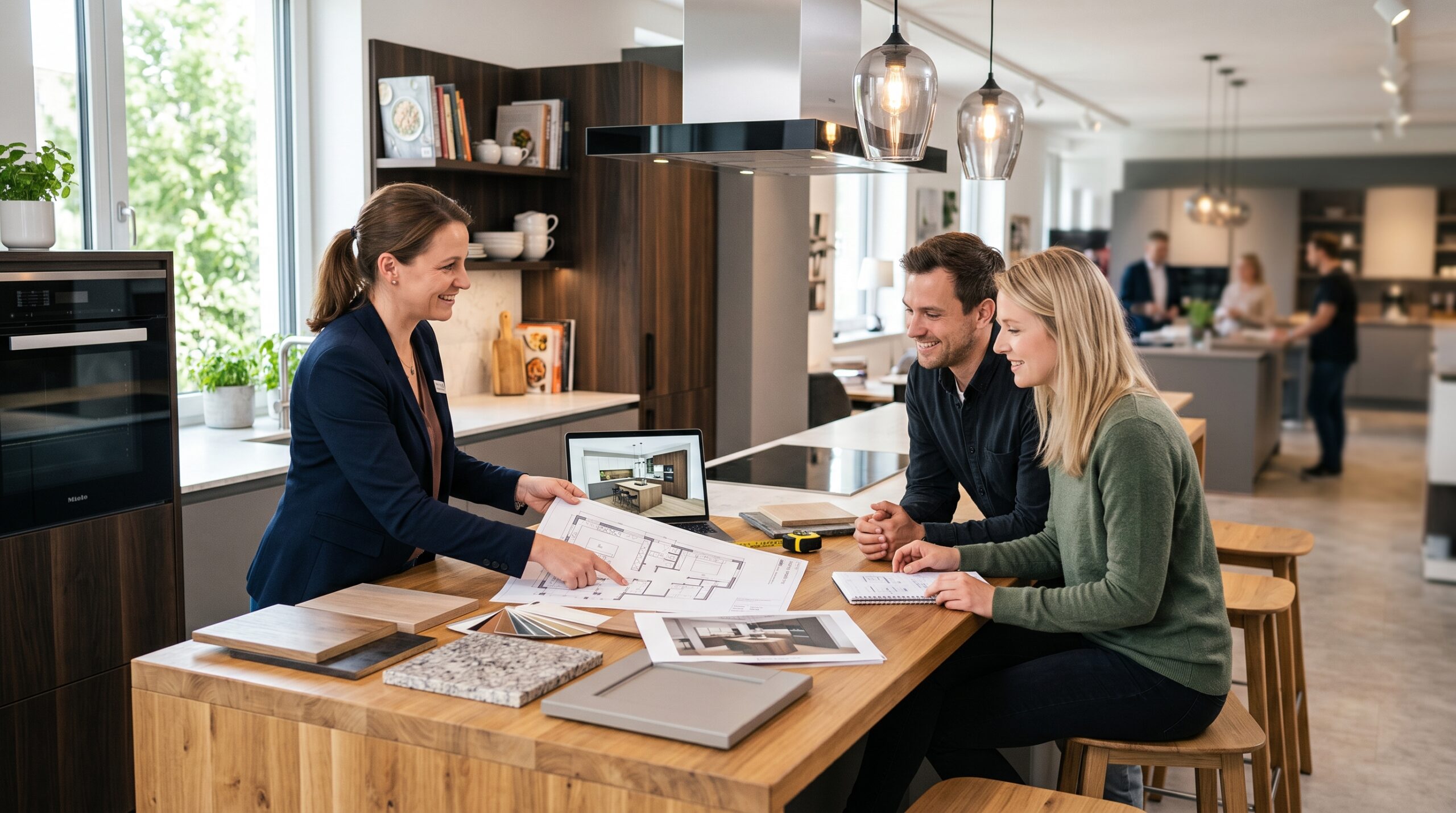Ein Küchenplaner berät ein Paar in einem modernen Küchenstudio