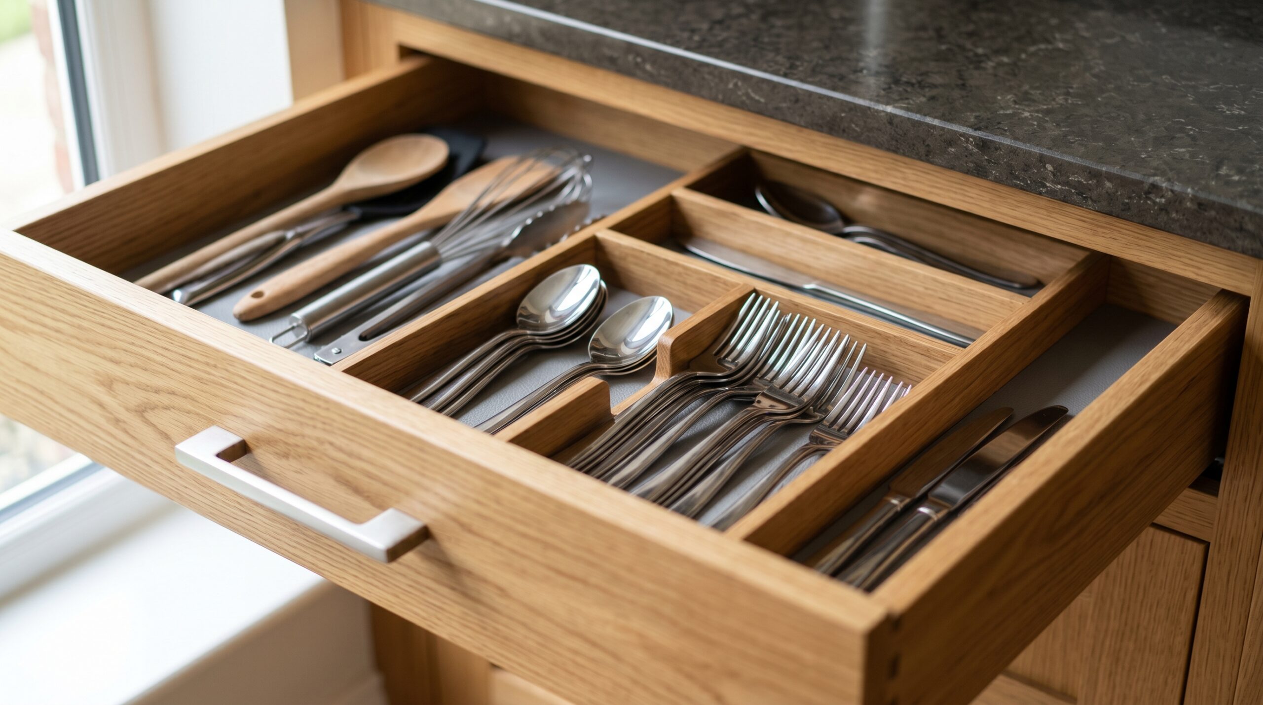 Detailaufnahme einer hochwertigen Küchenschublade mit perfekter Organisation