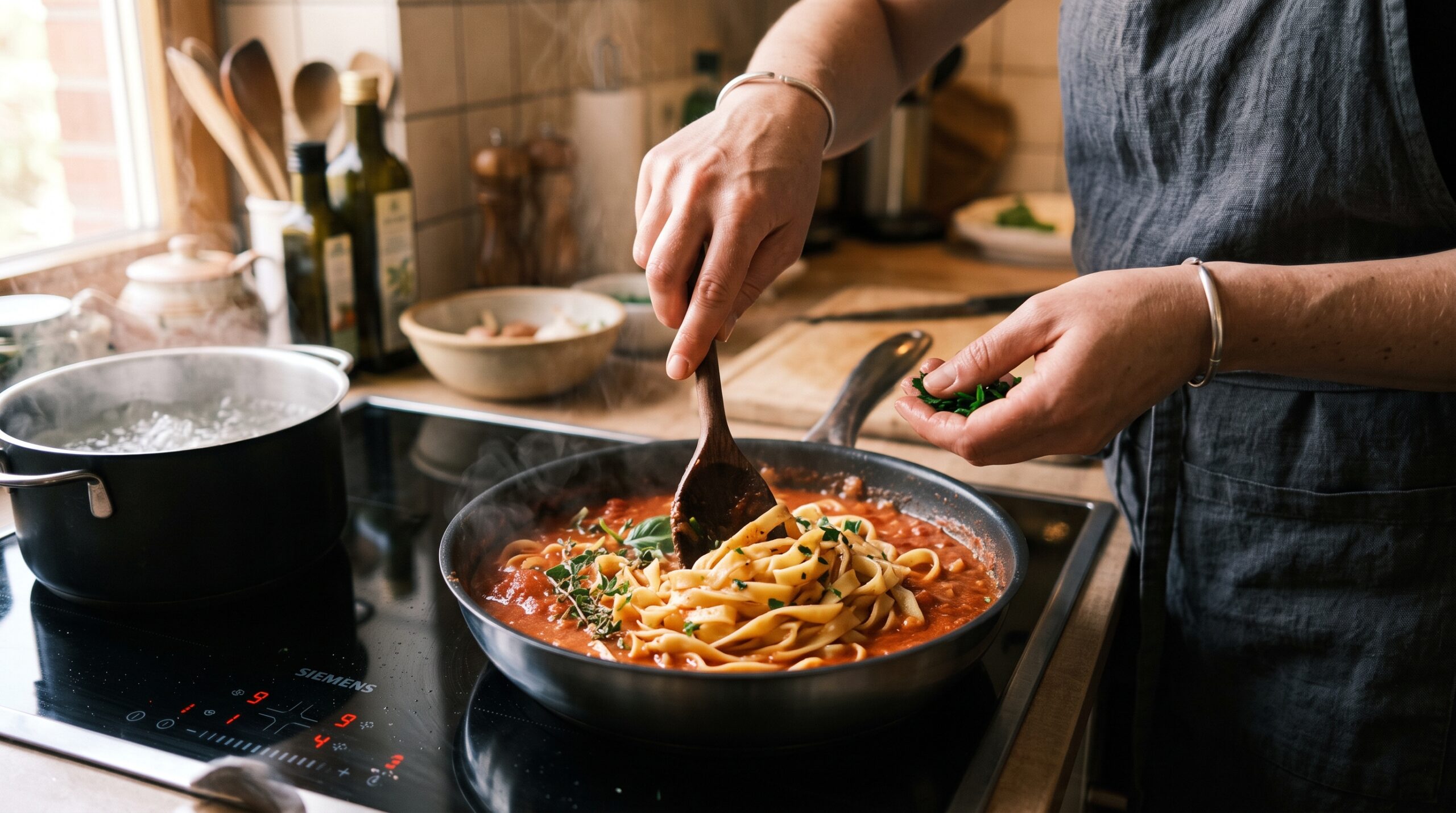 Nahaufnahme von Händen, die sorgfältig Pasta auf einem modernen Induktionskochfeld zubereiten