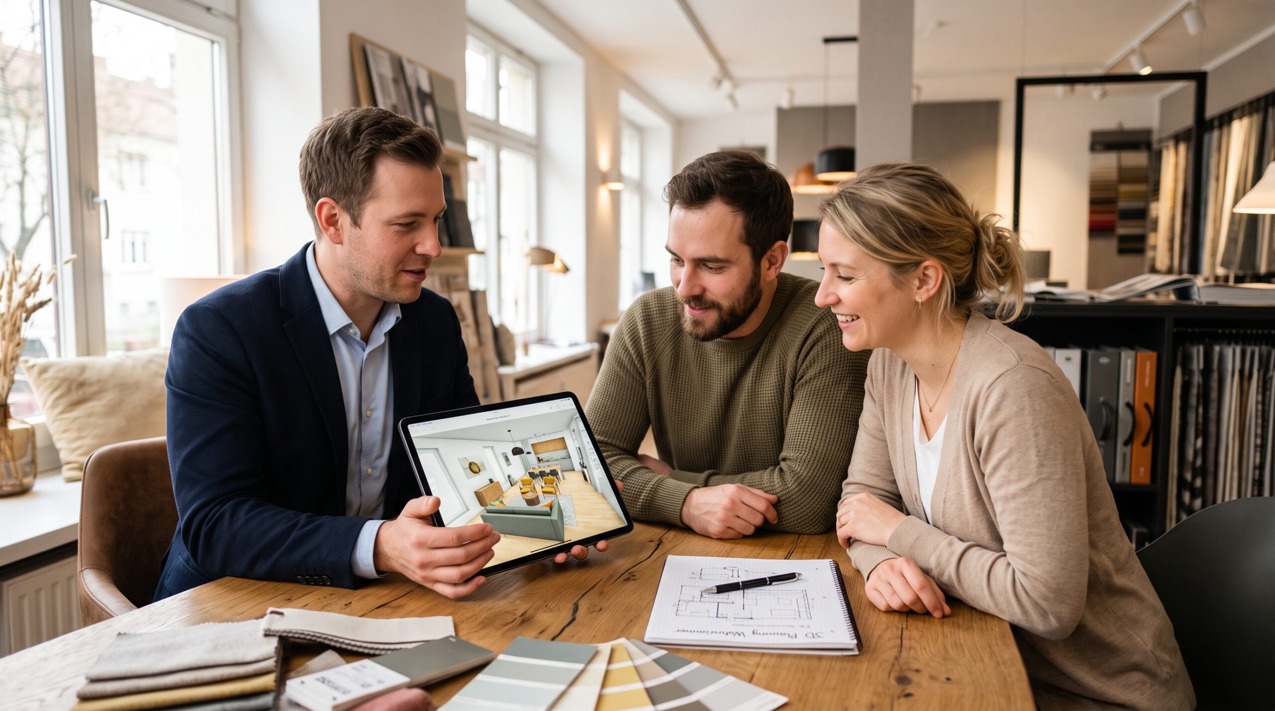Einrichtungsberater zeigt einem Paar die 3D-Planung auf einem Tablet
