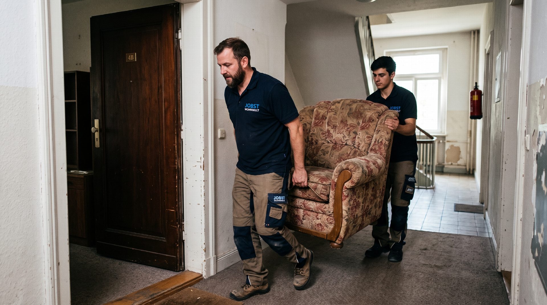 Zwei Monteure von Jobst Wohnwelt tragen vorsichtig einen alten Sessel aus einer Wohnungstür