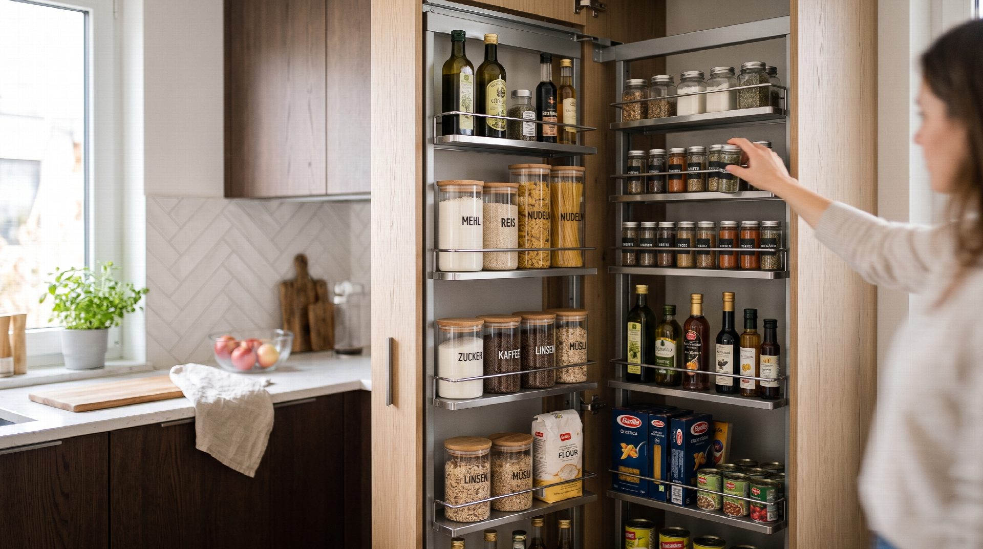 Geöffneter Apothekerschrank in einer modernen Küche, der optimal genutzt wird