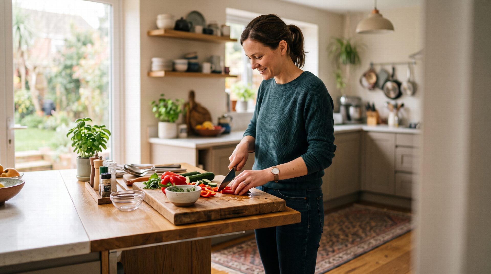 Person, die bequem an einer ergonomisch angepassten Küchenarbeitsplatte arbeitet